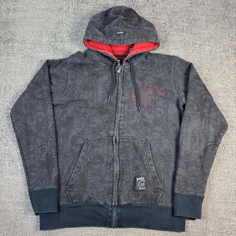 Split Zip Up Hoodie Mens Large Black Red Filigree Y2K Skater Grunge